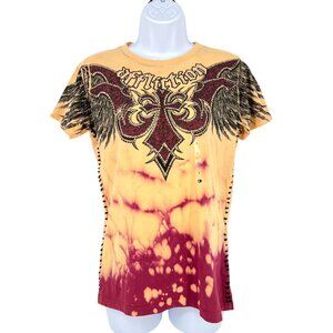 Affliction Cast Iron S/S Tee Tie-Dye Short Sleeve Top Yellow Size Small NWT